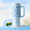 Fuguang 1000ml Blue Leopard Print Tumbler with Handle & Straw, 304 Stainless Steel Insulated Travel Mug, Leakproof Reusable Cup for Car Office Outdoor
