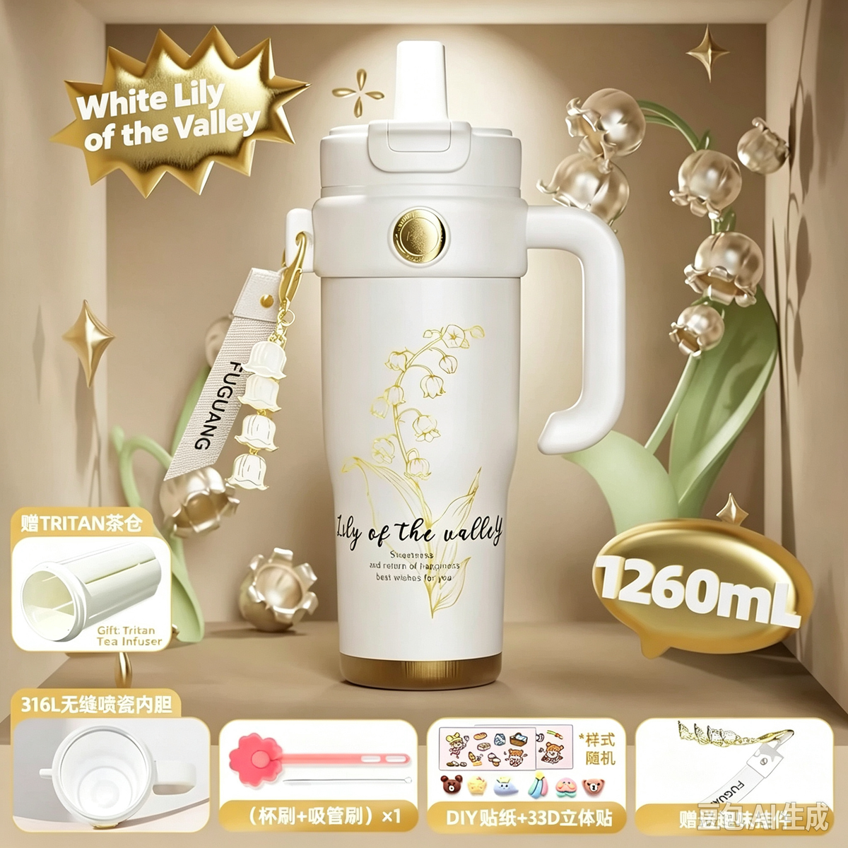1260ML Lily of the Valley Insulated Tumbler with Handle, 316L Ceramic Liner Travel Mug, Comes with Tea Infuser & DIY Accessories Gift Set