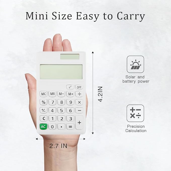 Basic Mini 4 Function Calculators,Calculator Small,Back to School First Day of School Supplies,Desk Calculator,White Solar Pocket Calculators for Students Home Office Middle
