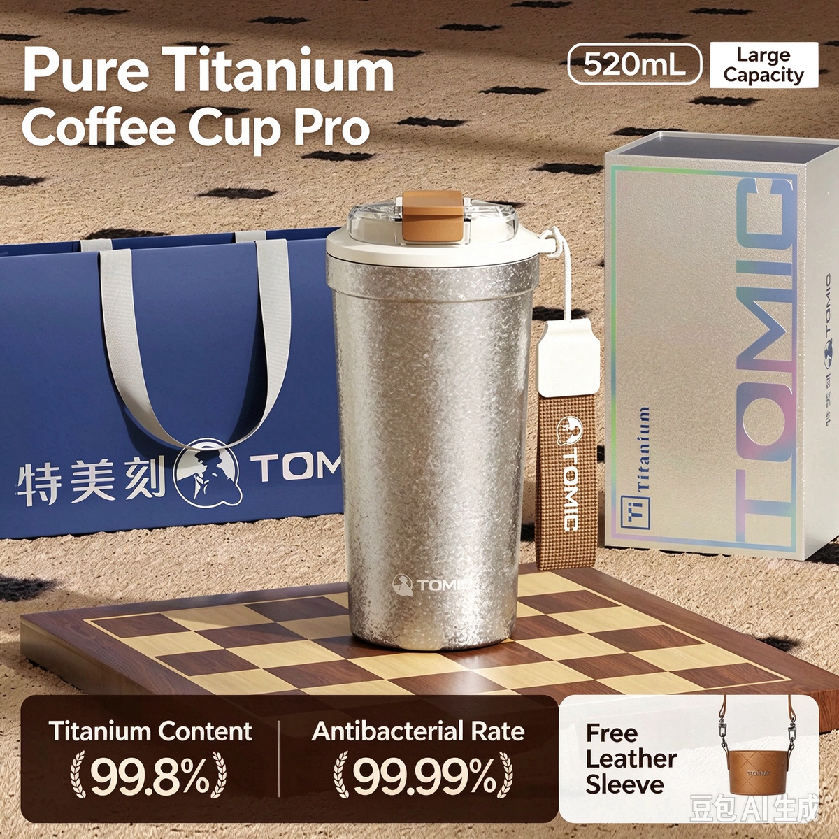 TOMIC Pro Pure Titanium Travel Coffee Mug 520ml, Double-Wall Vacuum Insulated Cup, Leakproof Lid with Lanyard, Gift Box Included