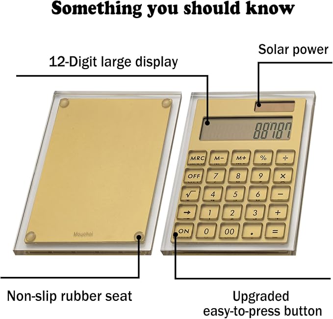 Gold Foil Stamping Solar Power Acrylic Slim Calculator with Large LCD Display and Stand, 12-Digit Handheld Desktop Calculator for Office, School, Business