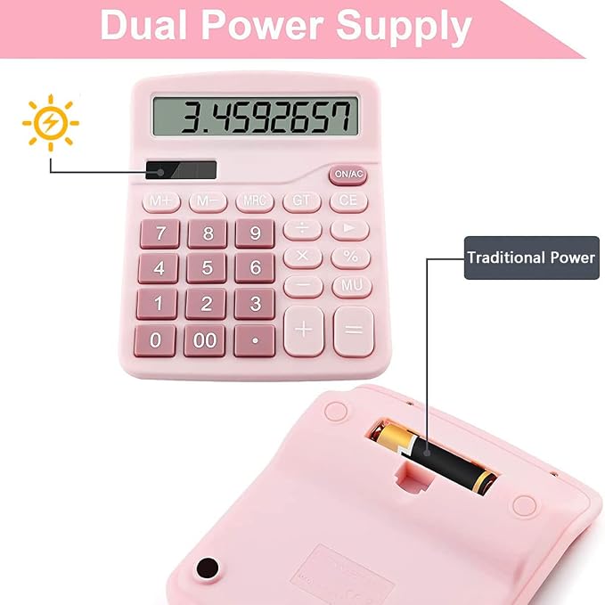 Office Calculators Desktop, 12-Digit Dual Power Cute Calculator with Large LCD Display Big Button for Office Home and School (Pink)