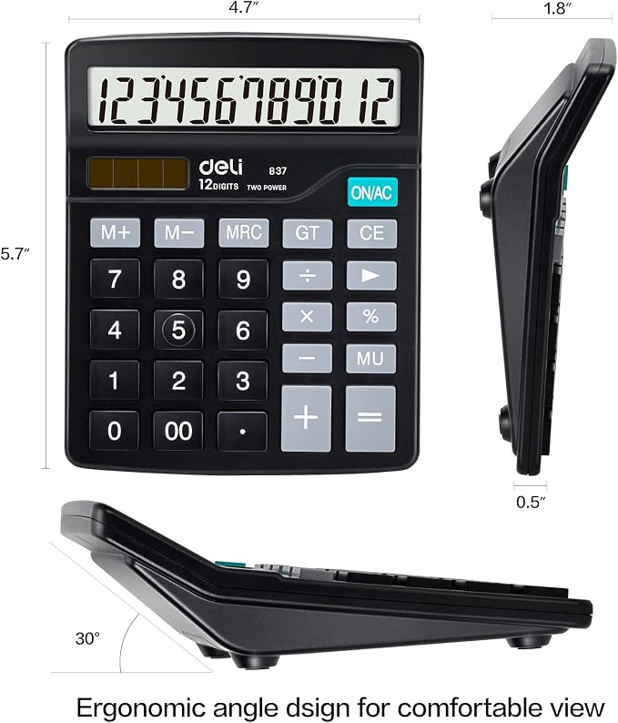 Calculator, Deli Standard Function Desktop Calculators with 12 Digit Large LCD Display and Sensitive Button, Solar Battery Dual Power Office Calculator, Black
