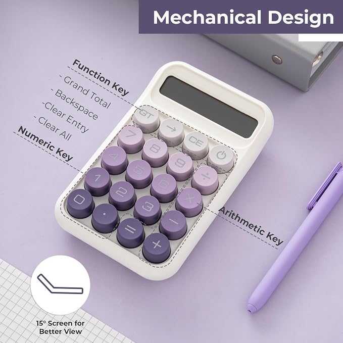 Y YOMA 1 Pack Mechanical Switch Calculator with 10 Digit Large LCD Display Big Button, Mini Cute Desktop Calculator 4 Function Basic Calculators for School Home Office Business, Dusty Violet