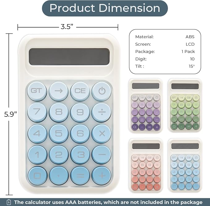 Y YOMA 1 Pack Mechanical Switch Calculator with 10 Digit Large LCD Display Big Button, Mini Cute Desktop Calculator 4 Function Basic Calculators for School Home Office Business, Lake Blue